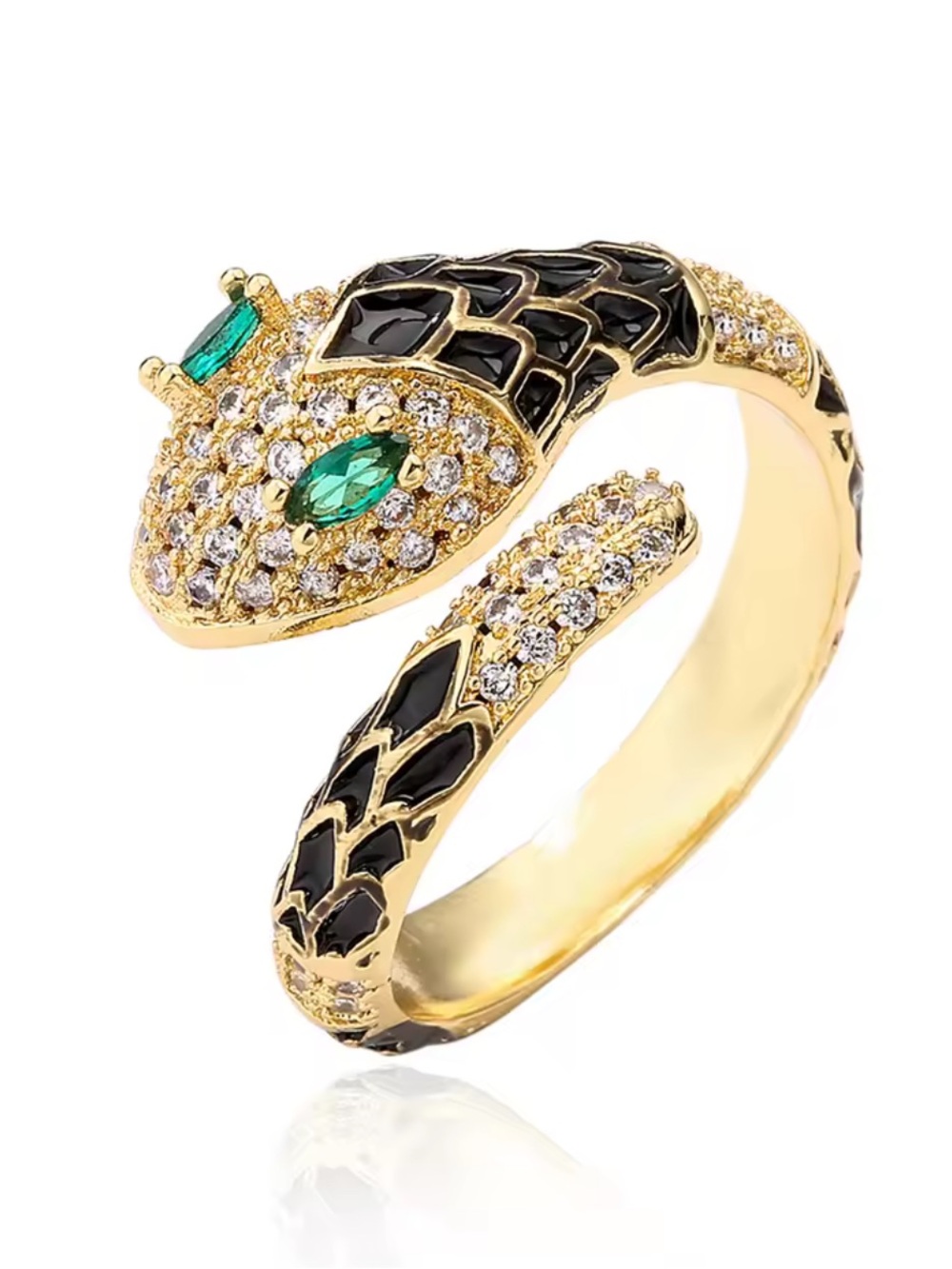 Gold Black or White & Green Snake Wrap Ring - Women Jewelry